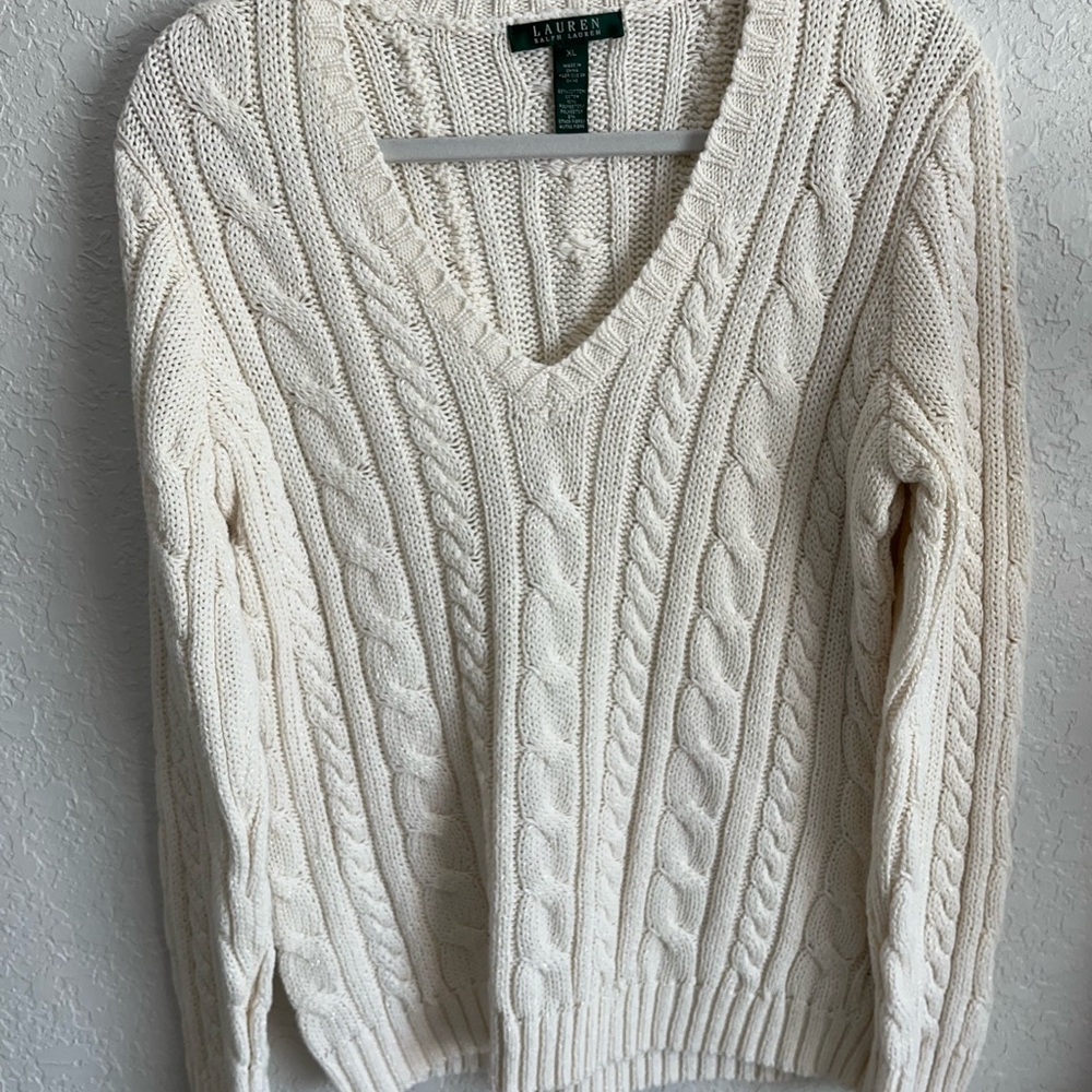 Ralph Lauren Women's Ivory V-Neck Cable Knit Sweater